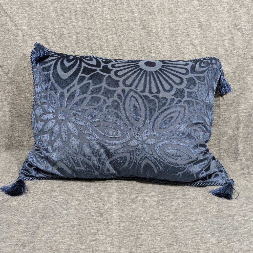 Pier 1 Imports Navy Blue Velvet Burnout Floral Lumbar Pillow with Tassels 18x12